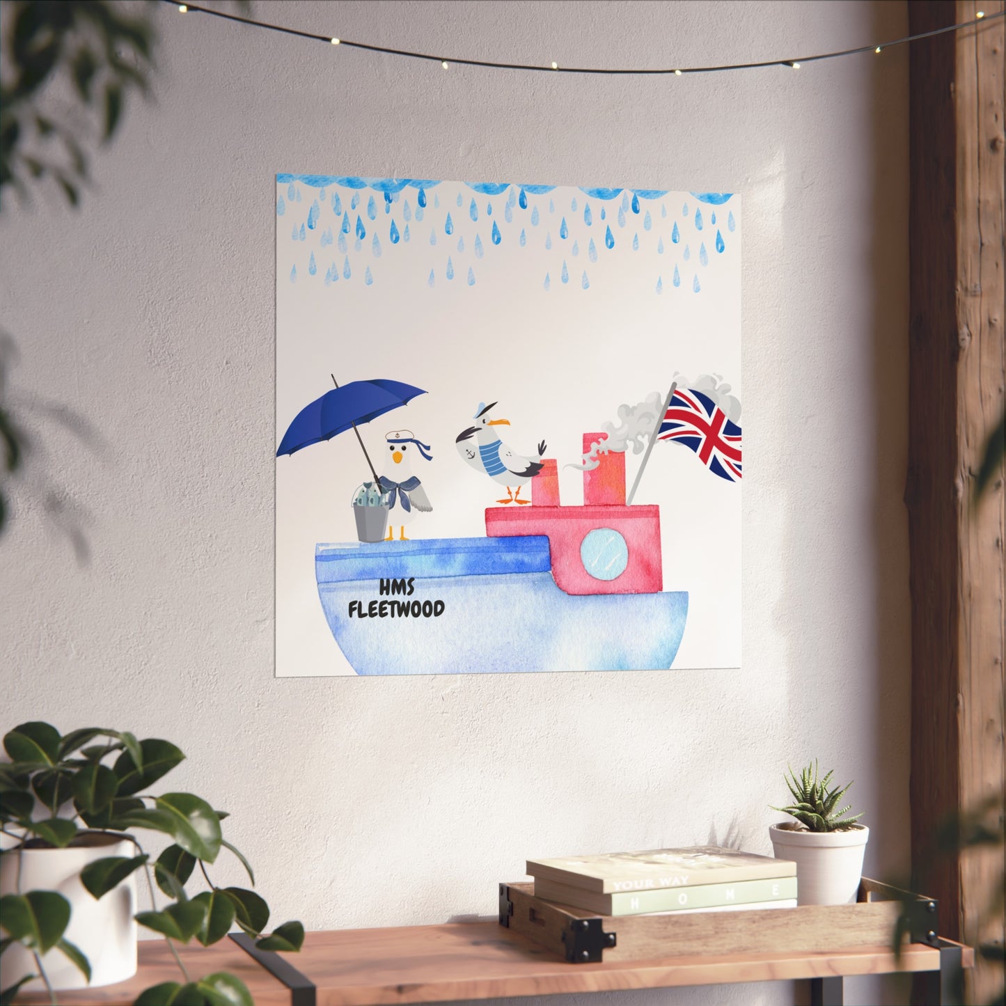 Whimsical Nautical Poster, Coastal Wall Art, HMS Fleetwood Decor, Seagull Artwork, Beach House Decoration