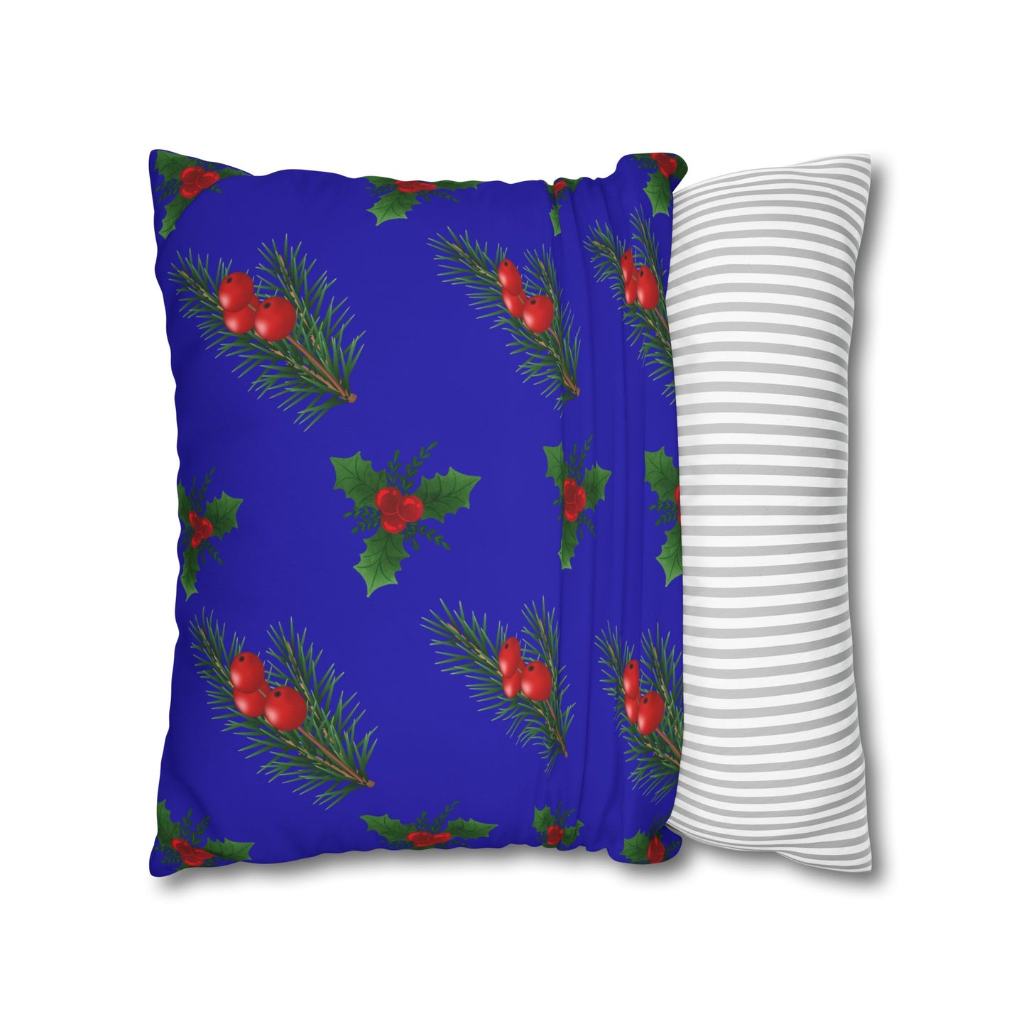 Christmas Holly & Pine Square Pillowcase — Blue Holiday Decorative Cushion Cover