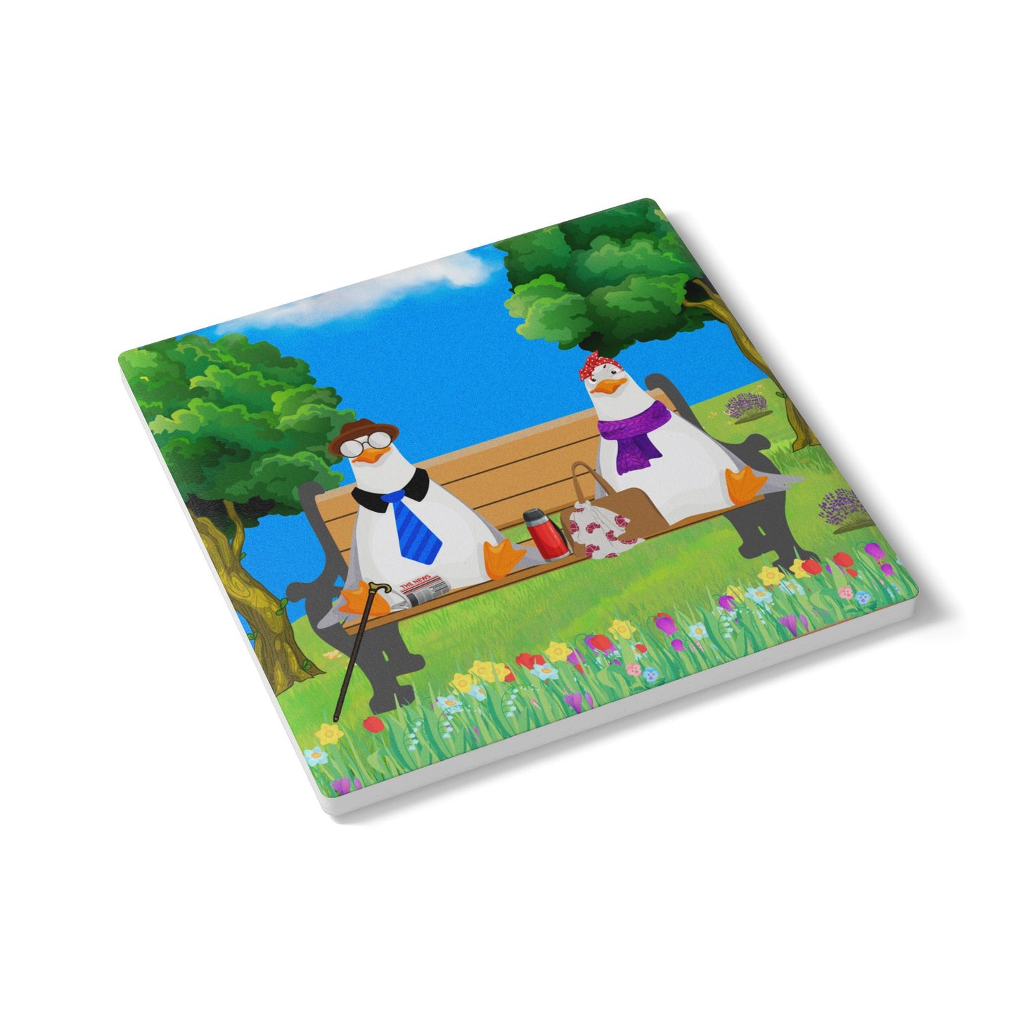 Whimsical Garden Ducks Ceramic Coaster Set, Cute Home Decor, Gift for Duck Lovers, Unique Drinkware, Collectible Art Coasters