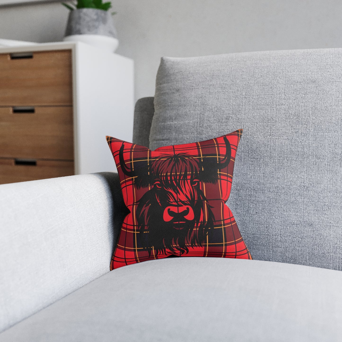 Cozy Highland Cow Pillow, Farmhouse Square Cushion, Rustic Home Decor, Red Plaid Throw Pillow, Great for Living Room, Cabin Style