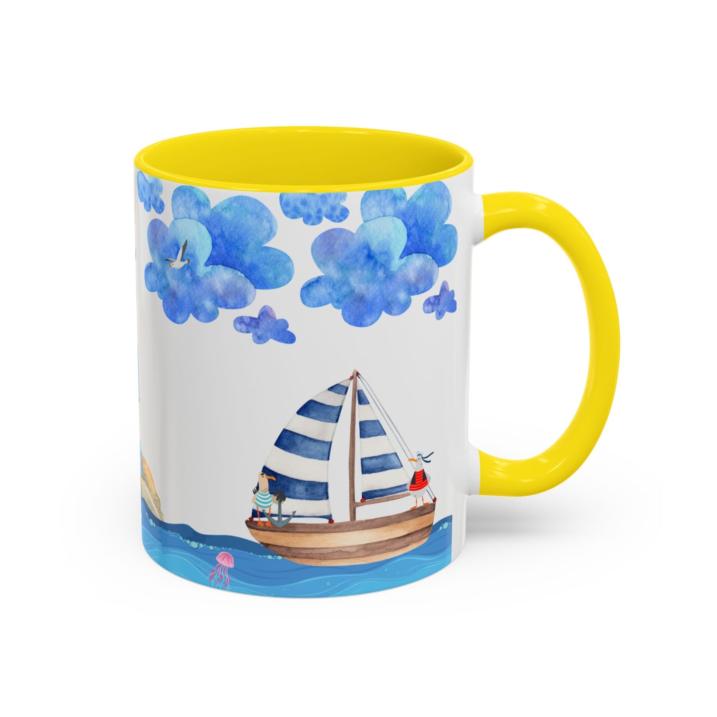 Ocean-Inspired Accent Coffee Mug, Nautical Decor, Lighthouse & Sailboat Design, Perfect Gift for Beach Lovers, Ideal for Home or Office