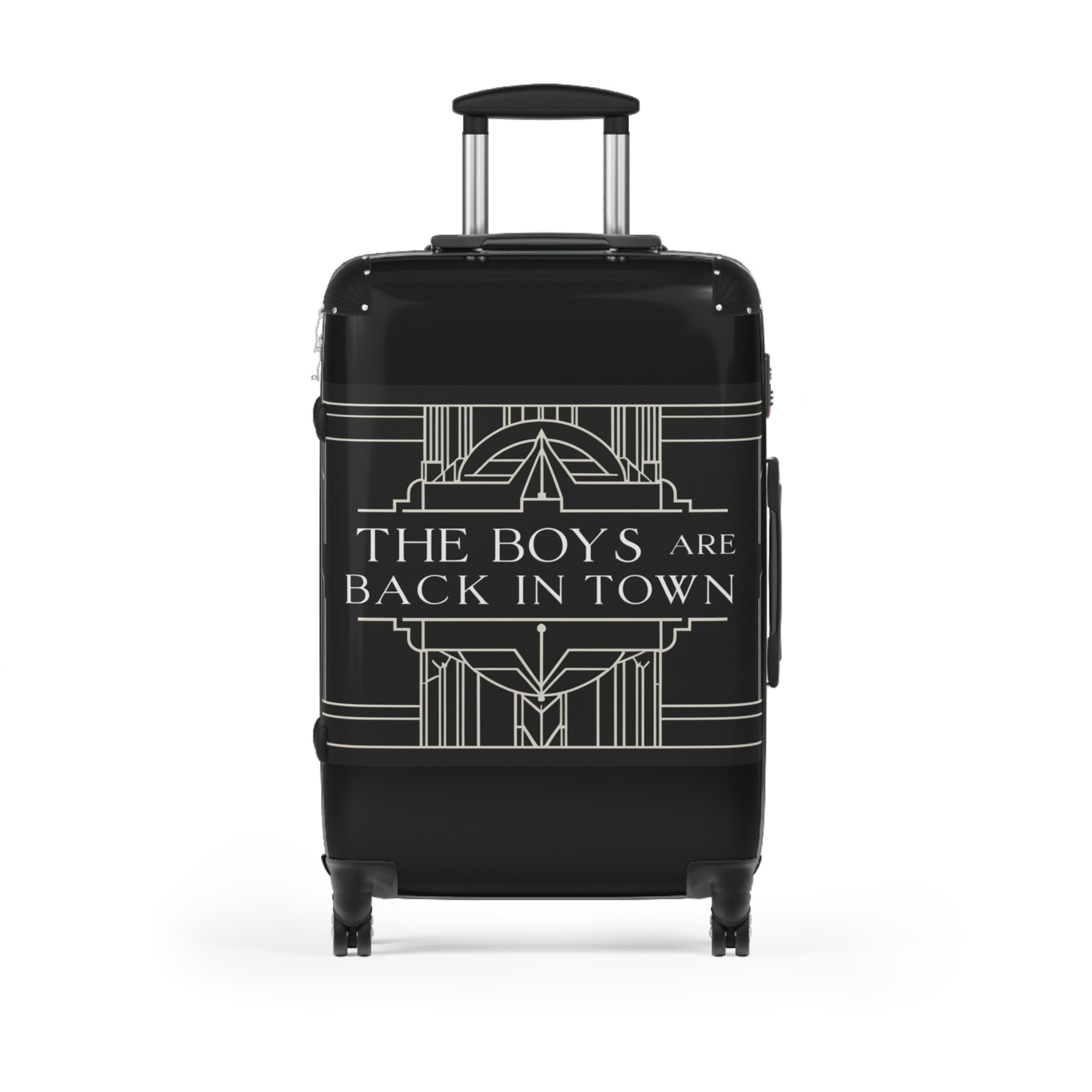 Stylish Black Suitcase with 'The Boys Are Back in Town' Design