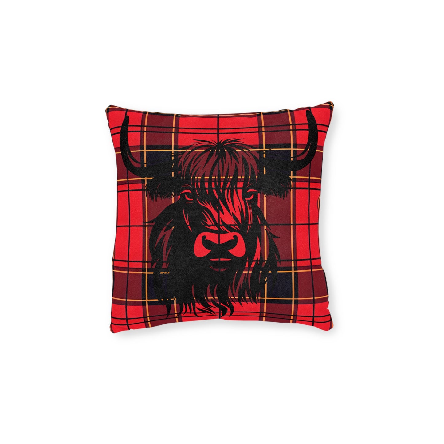 Cozy Highland Cow Pillow, Farmhouse Square Cushion, Rustic Home Decor, Red Plaid Throw Pillow, Great for Living Room, Cabin Style