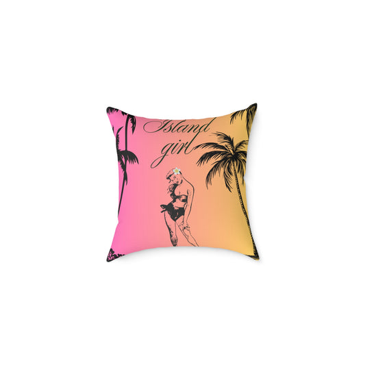 Island Girl Tropical Pillow | Square Poly Canvas Cushion, Beach Decor, Boho Bedroom Accessory, Summer Vibes, Coastal Living