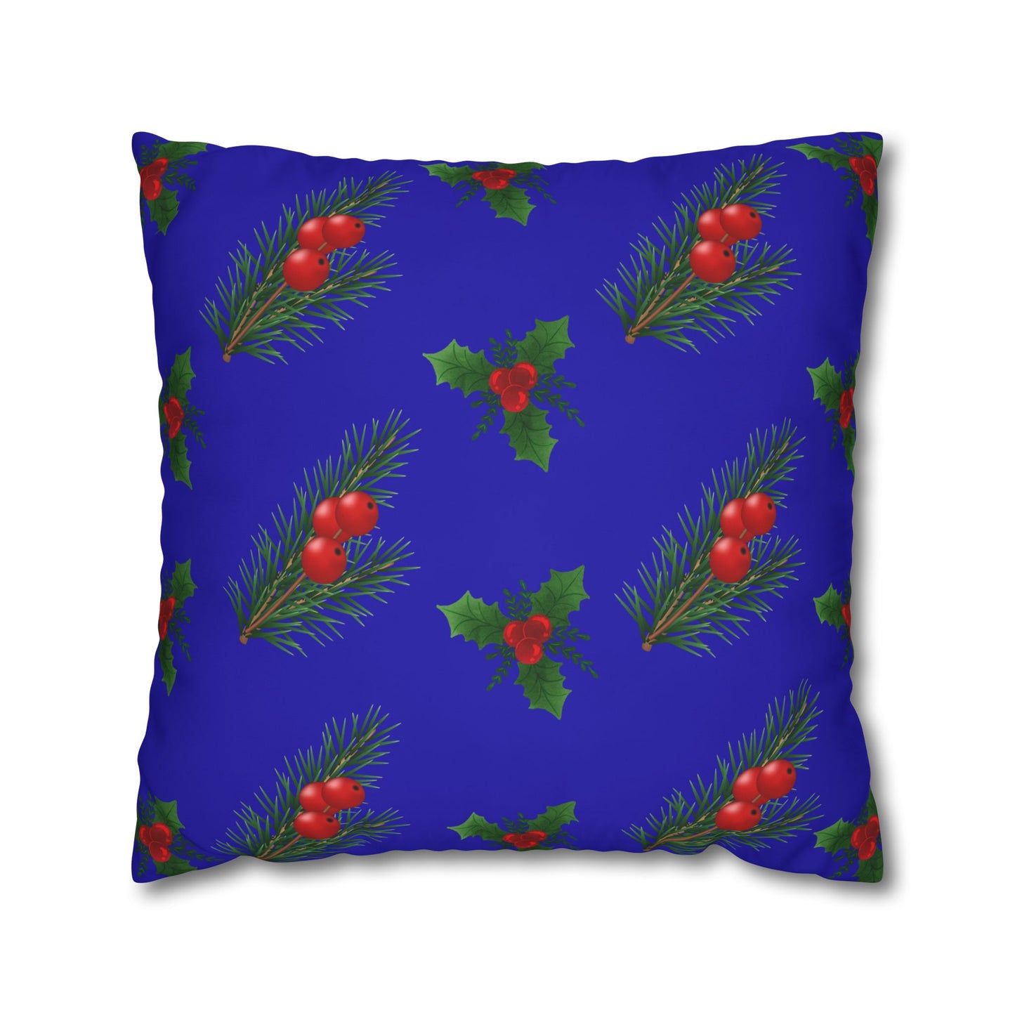 Christmas Holly & Pine Square Pillowcase — Blue Holiday Decorative Cushion Cover