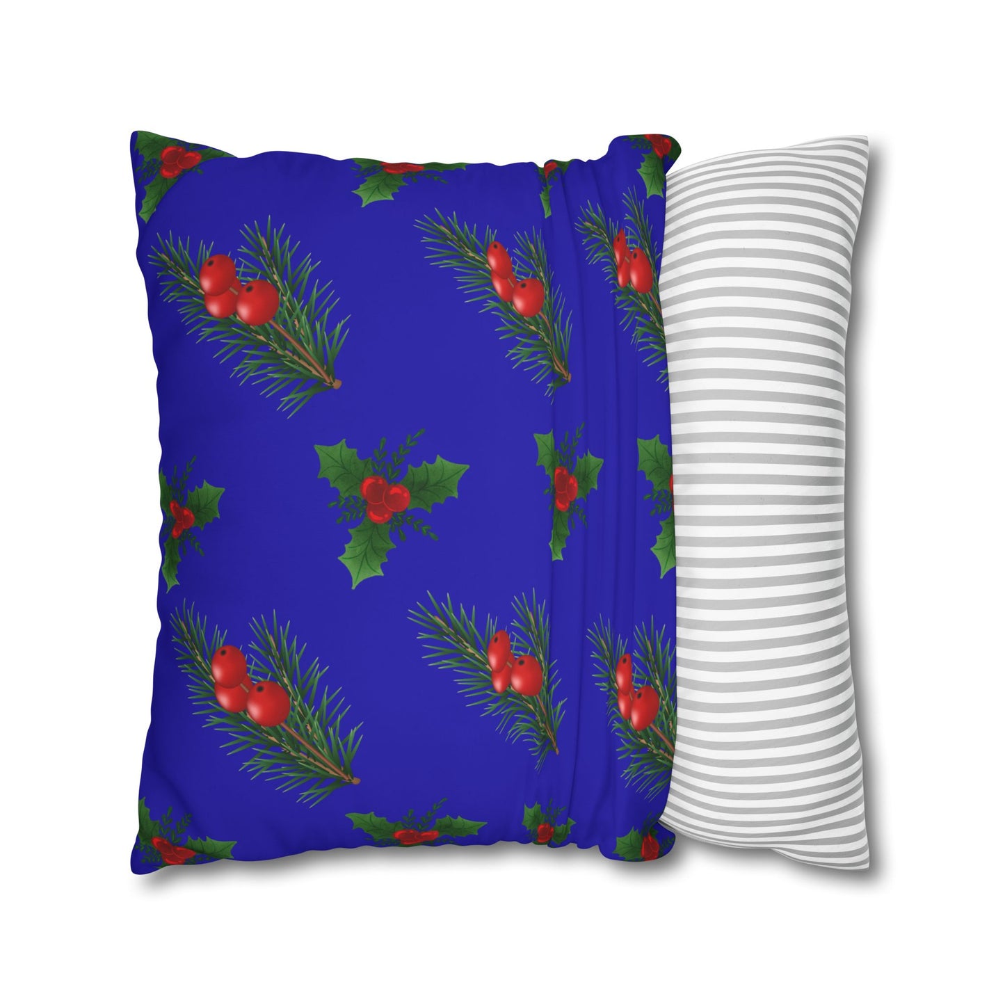 Christmas Holly & Pine Square Pillowcase — Blue Holiday Decorative Cushion Cover