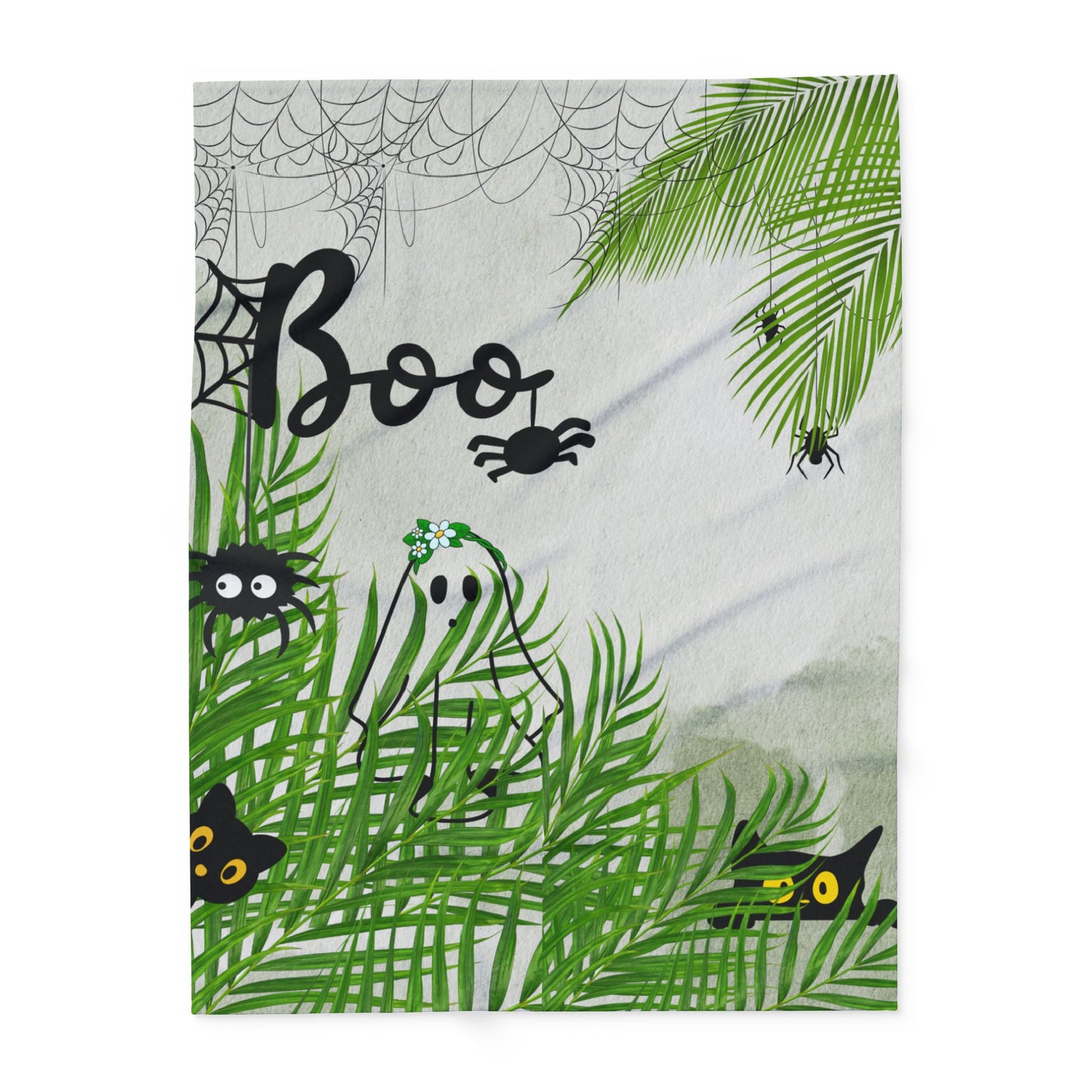 Spooky Tropical Fleece Blanket, Cozy Halloween Decor, Ghosts and Spiders, Gift for Kids, Fall Season Home Accents