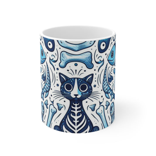 Whimsical Cat and Fish Ceramic Coffee Cups - 11oz & 15oz