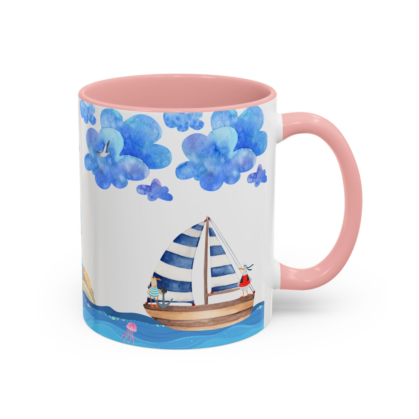 Ocean-Inspired Accent Coffee Mug, Nautical Decor, Lighthouse & Sailboat Design, Perfect Gift for Beach Lovers, Ideal for Home or Office