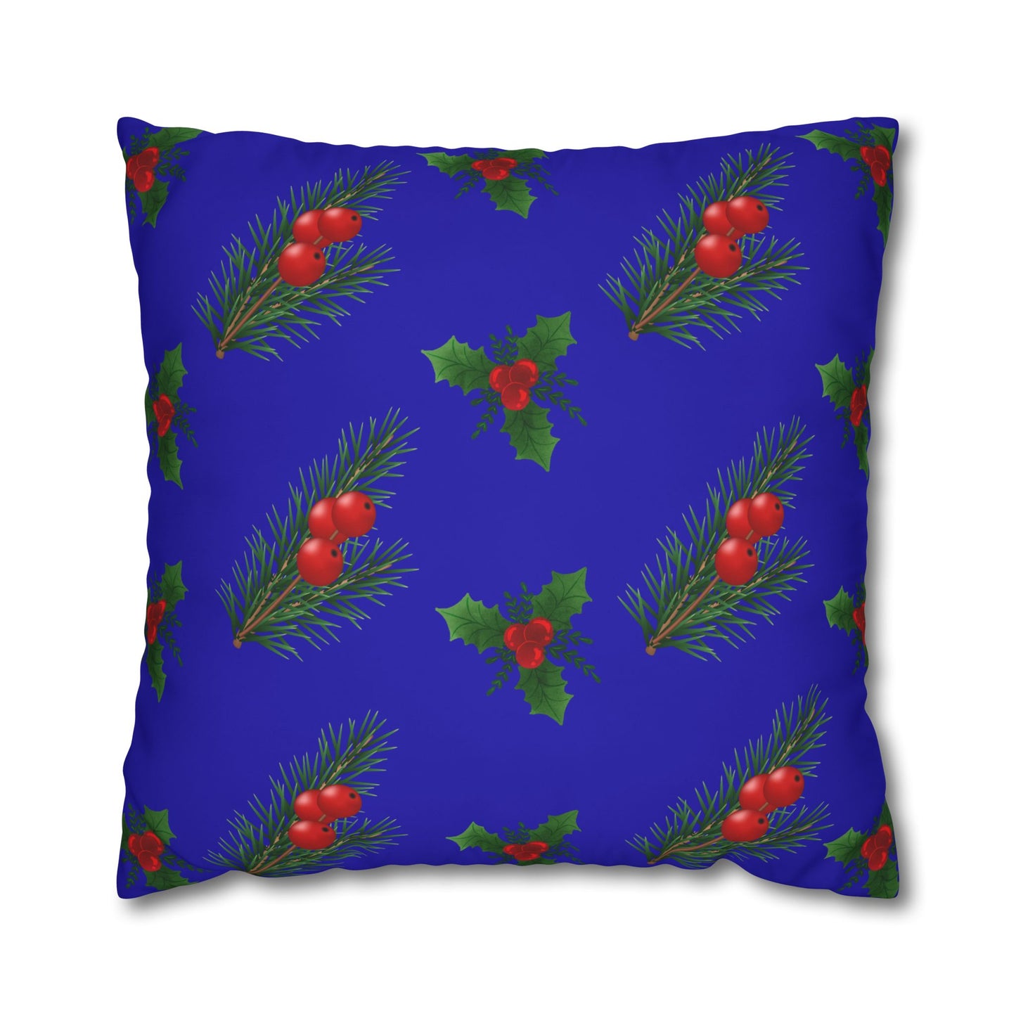 Christmas Holly & Pine Square Pillowcase — Blue Holiday Decorative Cushion Cover