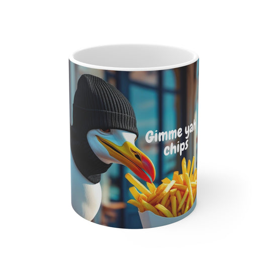 Humorous Seagull Mug: Gimme Ya Chips Coffee Cup, Funny Gift for Animal Lovers, Beach Vibes, Perfect for Friends, Unique Kitchen Decor