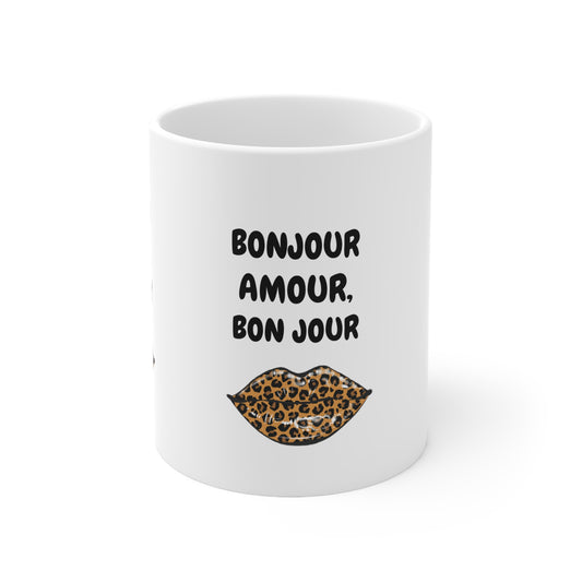 Chic Leopard Print Coffee Mug, Trendy Gift for Her, Bonjour Amour Cup, Stylish Kitchenware, Love & Friendship Gift, Unique Home Decor