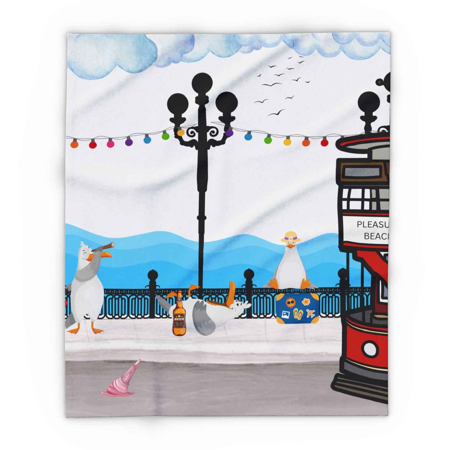 Whimsical Seaside Arctic Fleece Blanket, Cozy Home Decor, Bird-themed Gift, Beach Lover's Throw, Perfect for Picnics & Home Décor