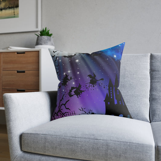 Halloween-Themed Decorative Pillow, Cozy Square Cushion for Home Decor, Perfect for Fall, Witch and Castle Design