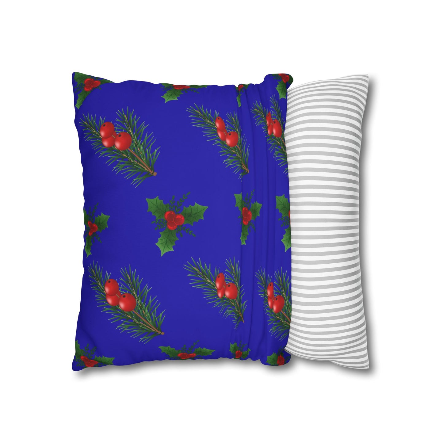 Christmas Holly & Pine Square Pillowcase — Blue Holiday Decorative Cushion Cover