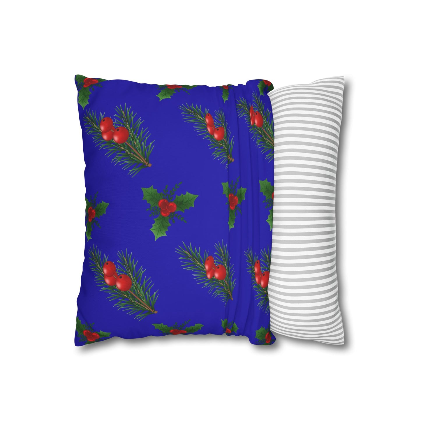 Christmas Holly & Pine Square Pillowcase — Blue Holiday Decorative Cushion Cover