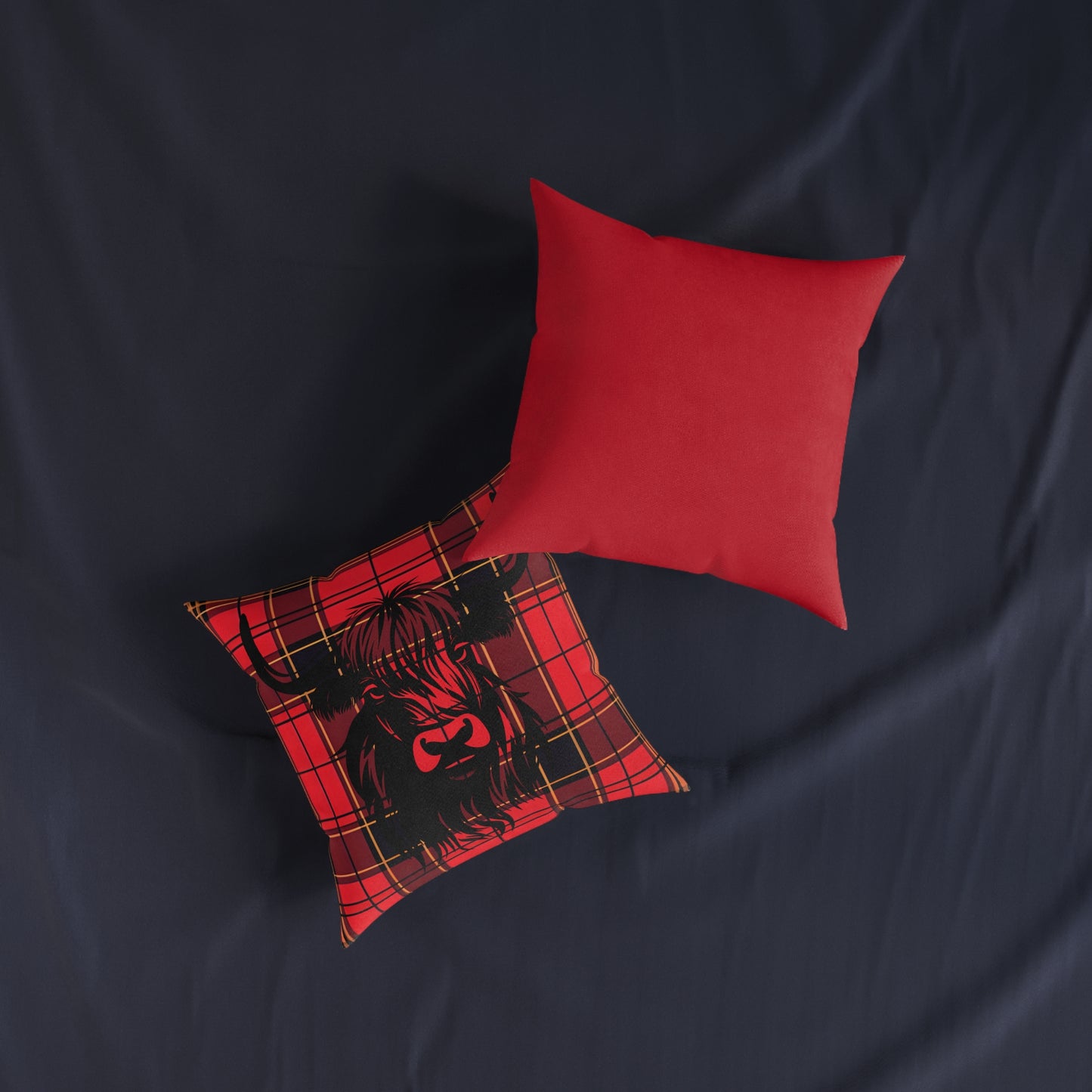 Cozy Highland Cow Pillow, Farmhouse Square Cushion, Rustic Home Decor, Red Plaid Throw Pillow, Great for Living Room, Cabin Style