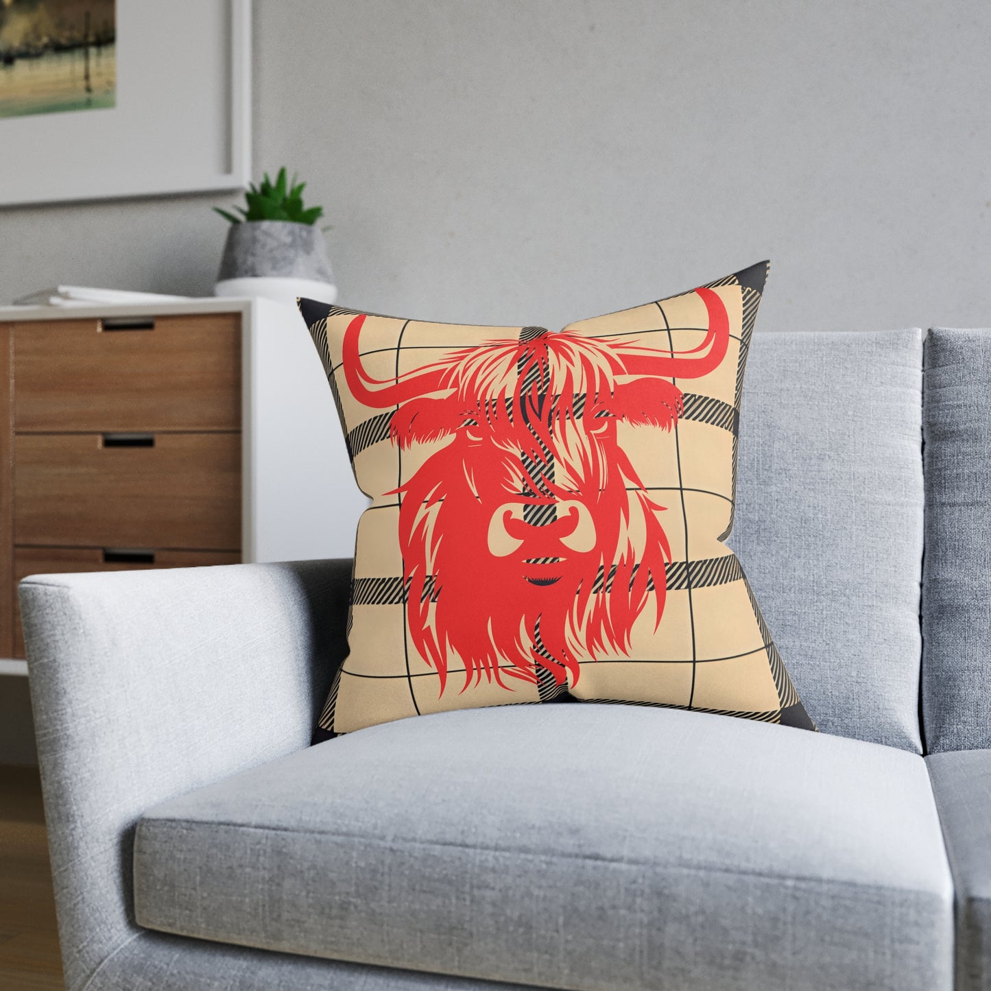 Highland Cow Square Pillow | Cozy Home Decor, Rustic Throw Pillow, Farmhouse Cushion, Unique Gift for Animal Lovers, Plaid Accent