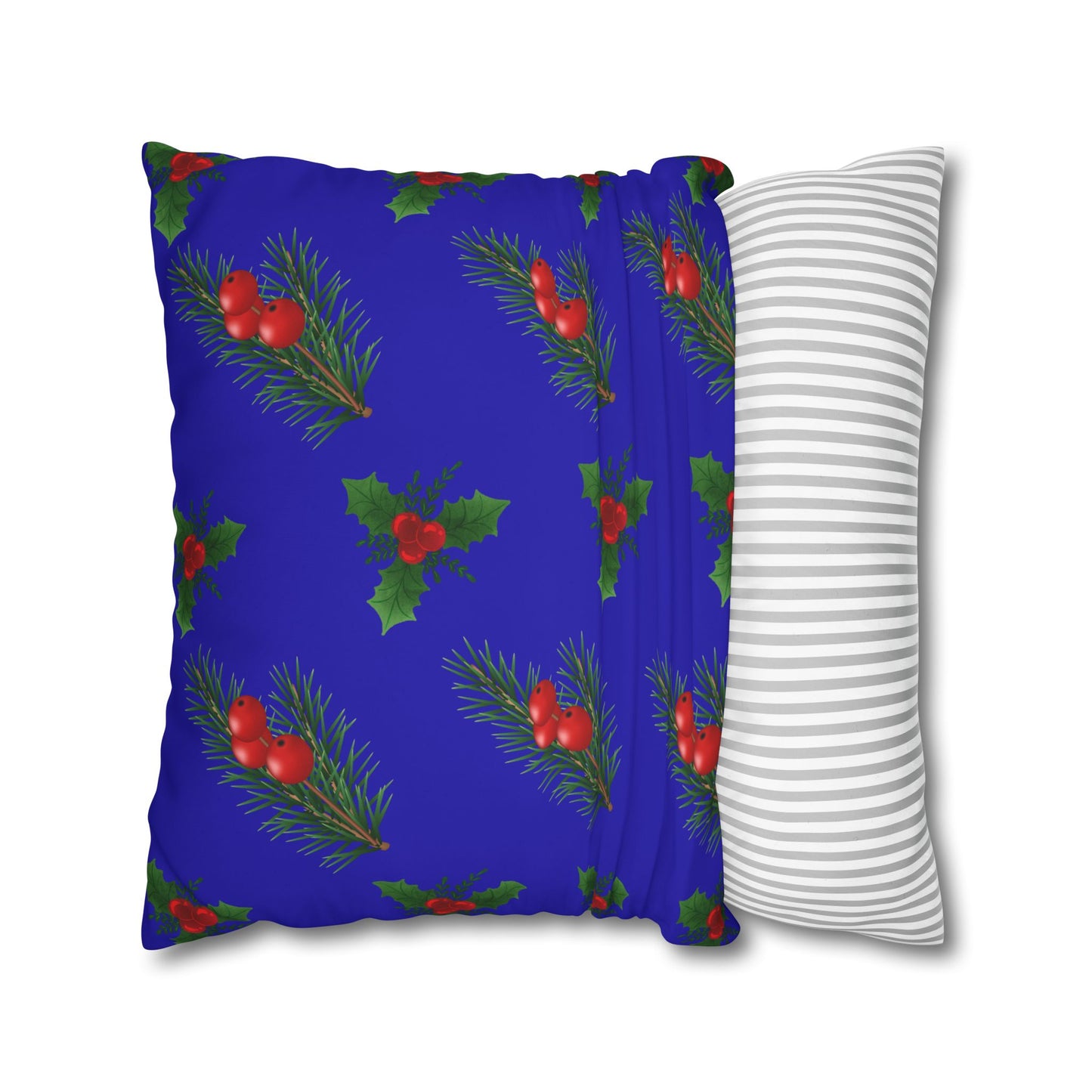 Christmas Holly & Pine Square Pillowcase — Blue Holiday Decorative Cushion Cover
