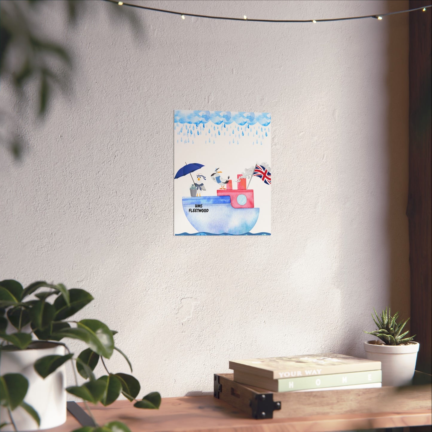 Whimsical Nautical Poster, Coastal Wall Art, HMS Fleetwood Decor, Seagull Artwork, Beach House Decoration