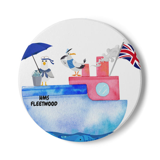 Cute Nautical Ceramic Coaster Set, HMS Fleetwood Coastal Decor, Beach House Gifts, Seagull Drink Coasters, Ocean-Themed Home Essentials