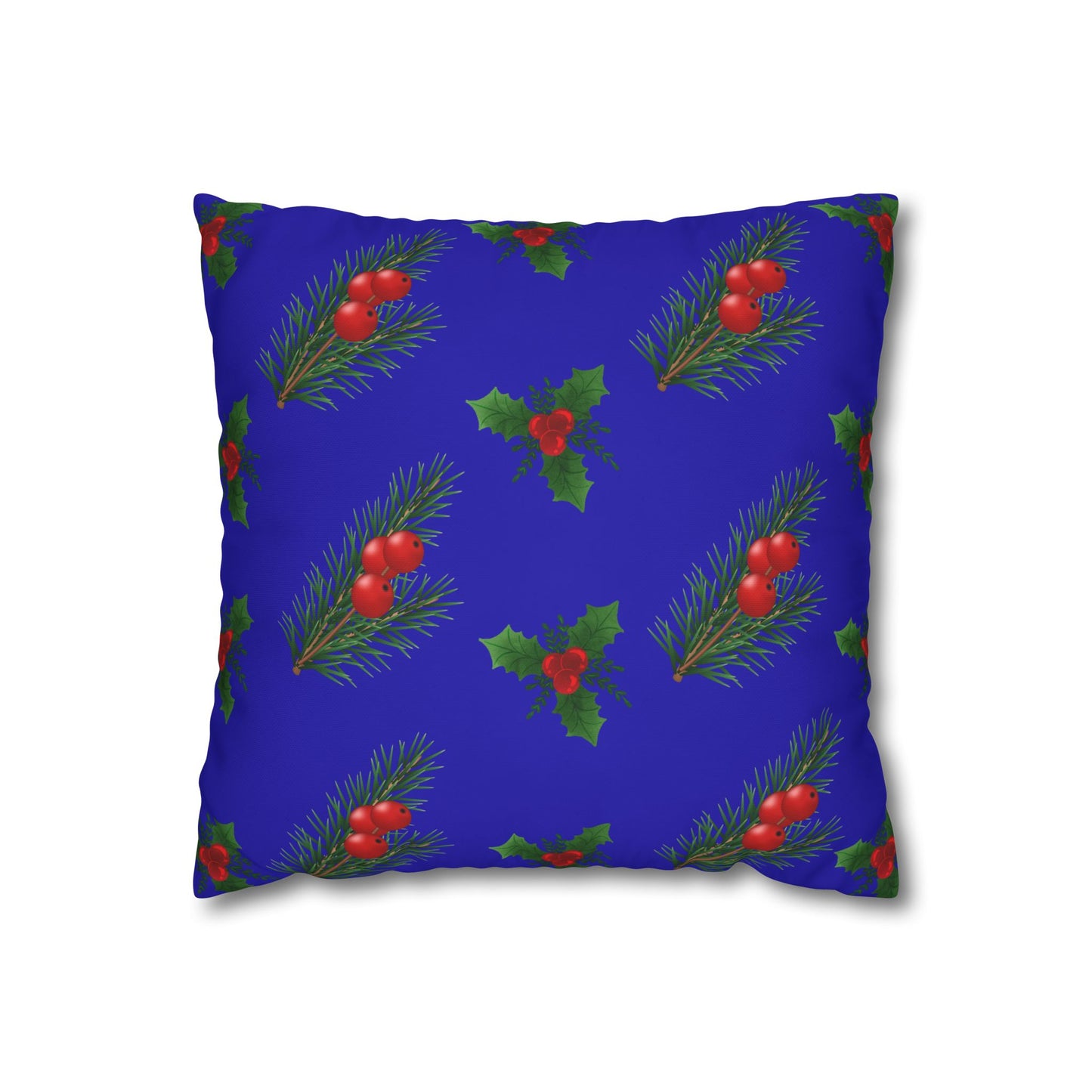 Christmas Holly & Pine Square Pillowcase — Blue Holiday Decorative Cushion Cover